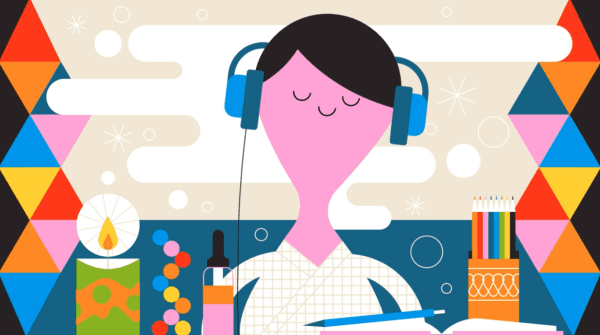 Illustration of person with short black hair wearing headphones at a desk by Patrick Hruby / Los Angeles Times;